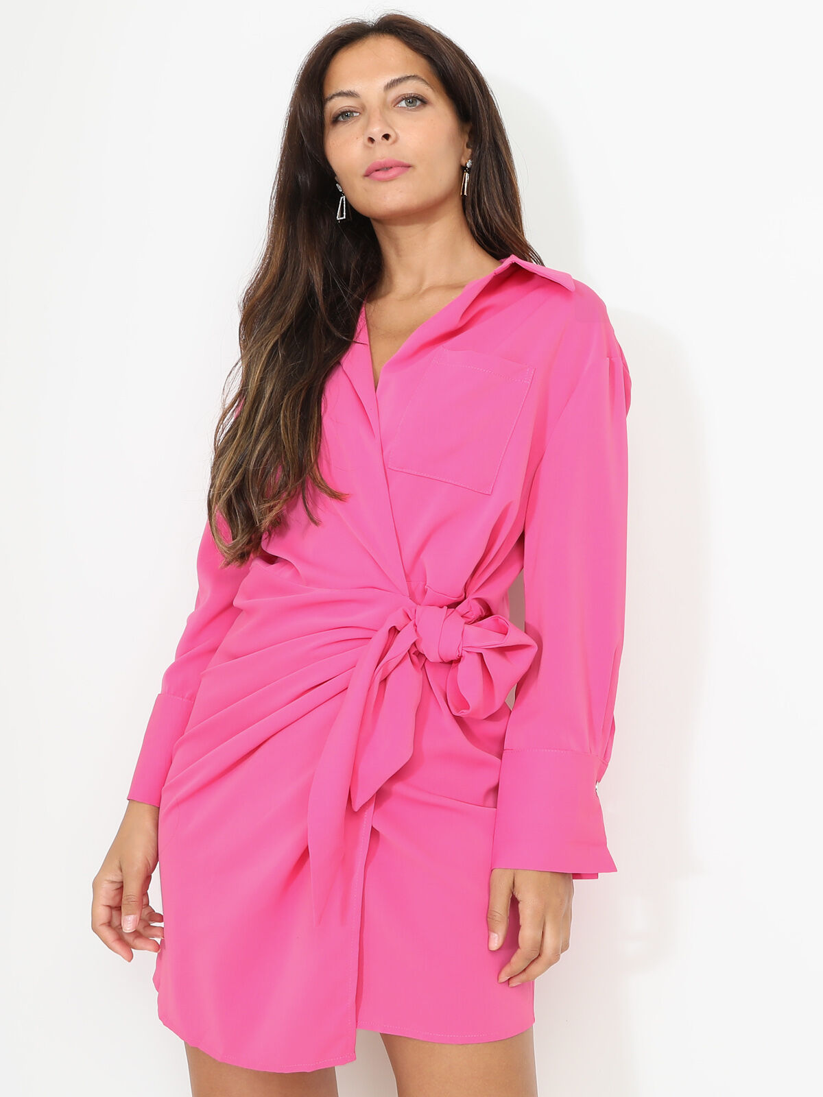 Robe portefeuille fluide à nouer- Fuchsia