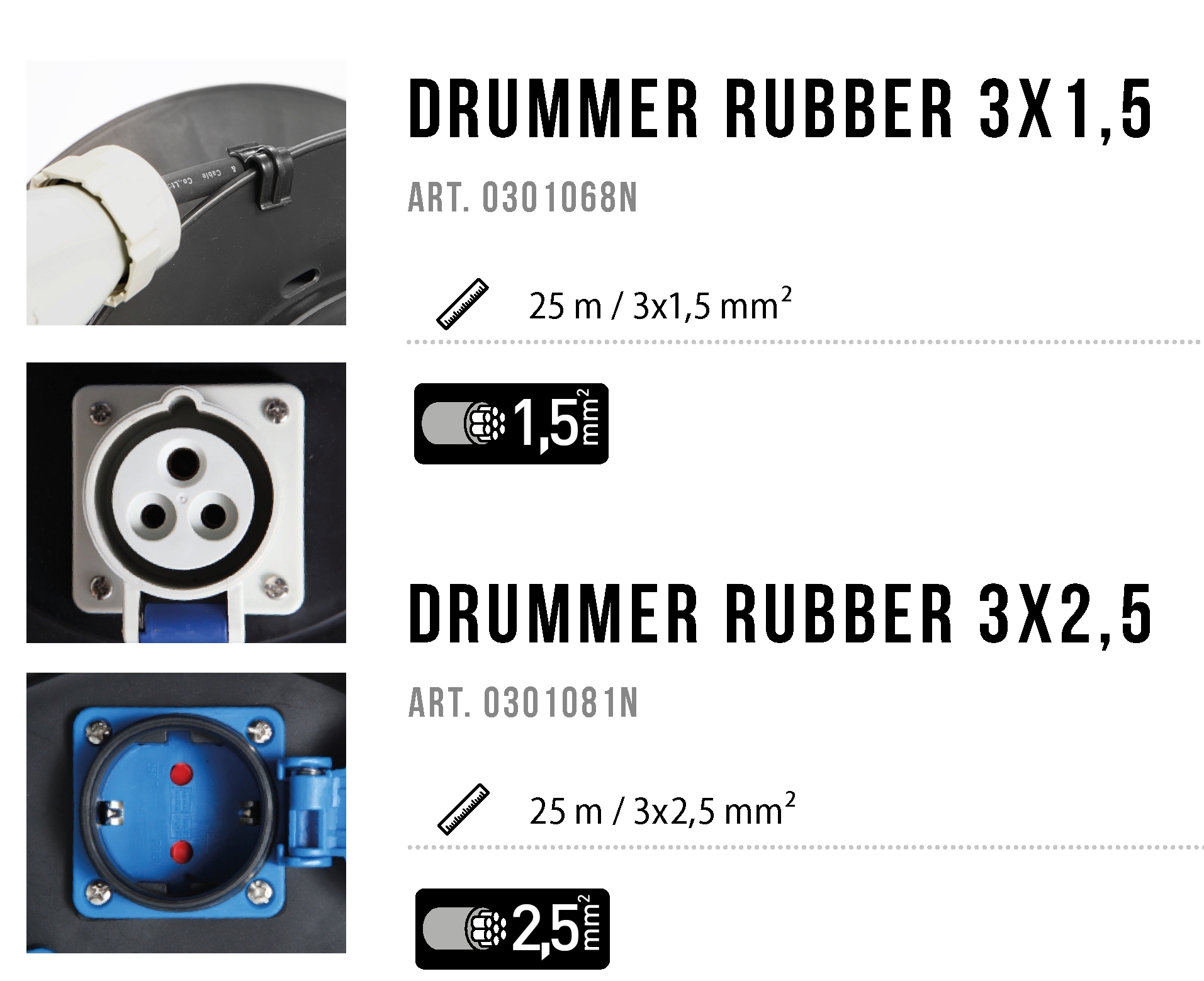 Brunner Drummer Rubber Kabeltrommel CEE-Stecker auf 2 Schutzkontakt-Steckdosen / 1 CEE Steckdose mit Überlastungsschutz 25 m / 2,5 mm²