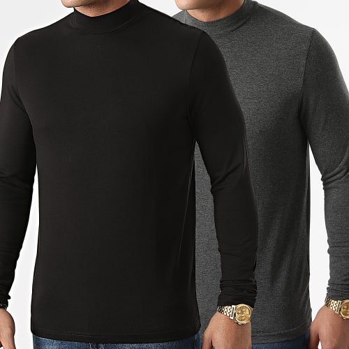Lot De 2 Tee Shirts Col Cheminée Manches Longues Unis 2084 Noir Anthracite