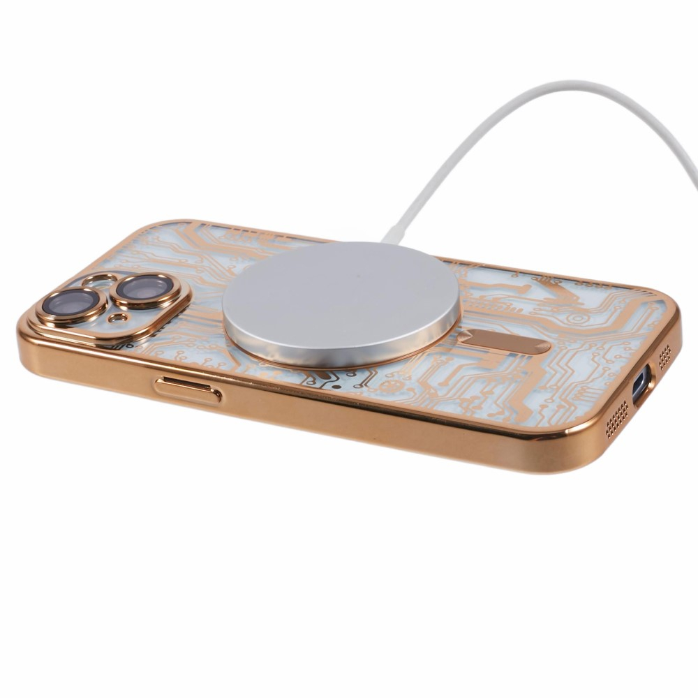 iPhone 15 MagSafe Gummi Case Hülle Galvanisierter Rahmen im Mechanischen Zahnrad Design   Kameraglasschutz - Gold