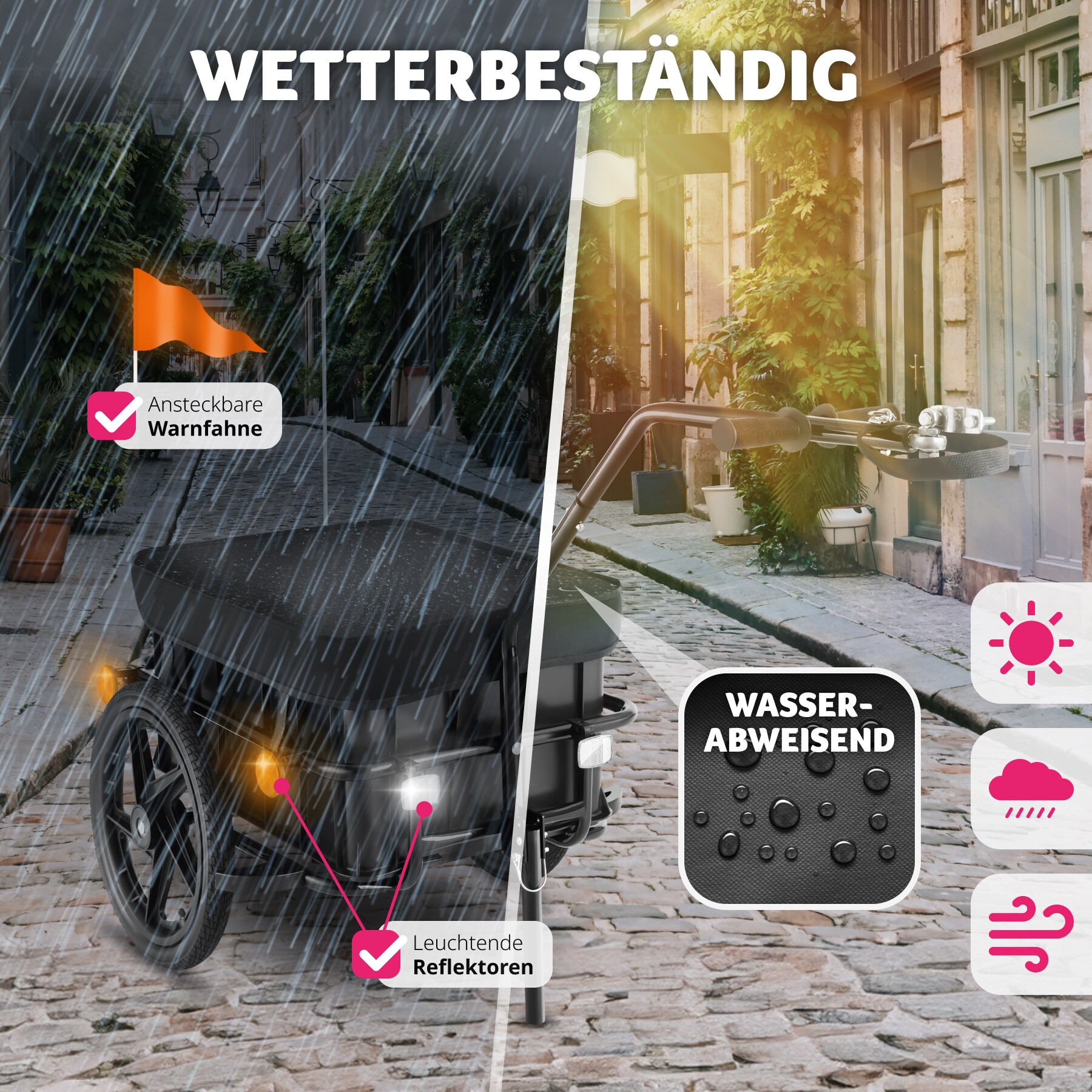 tectake® Fahrradanhänger, 2 in 1 multifunktional, luftgefüllte Profilreifen mit Kugellager, Belastbarkeit 50 kg, 70 Liter, ca. 148 x 64 x 81 cm