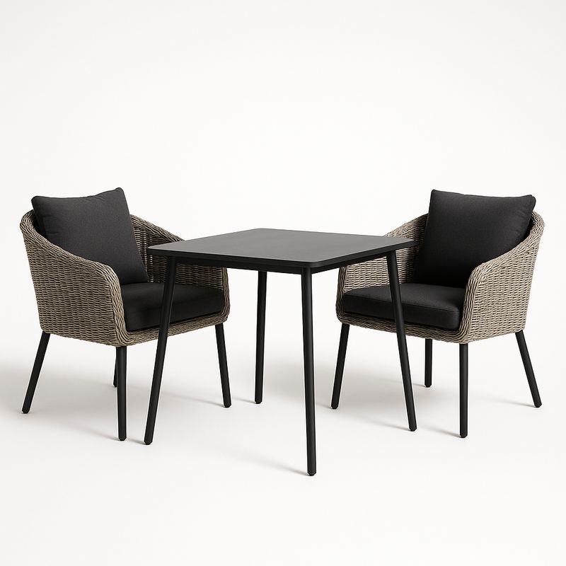 Gartenmöbel Set quadratisch Tisch Aluminium mit 2 Stühlen Rattan inklusive Kissen