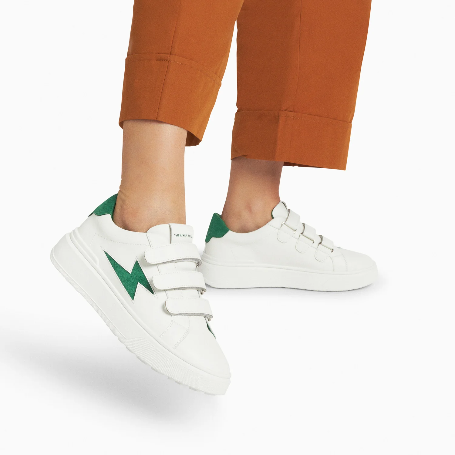 Sneakers-Baskets éclair Fanny blanc et vert à scratchs