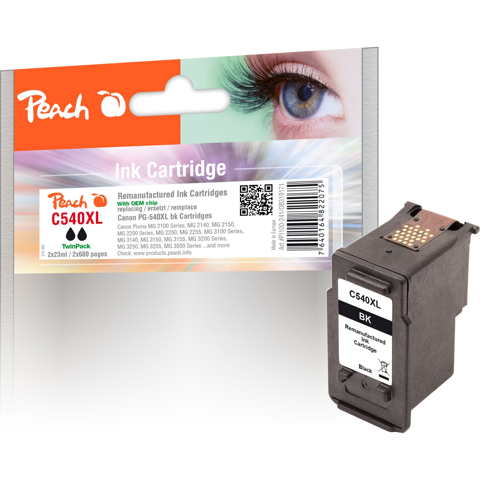 Peach C540 XLBK 2 Druckerpatronen XL 2*bk ersetzt Canon PG-540XLBK*2, 5222B005 für z.B. Canon Pixma TS 5150, Canon Pixma MG 3650 S black (wiederaufbereitet)