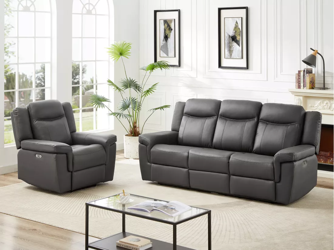 Canapé 3 places et un fauteuil relax électrique en cuir KENNETH - Gris