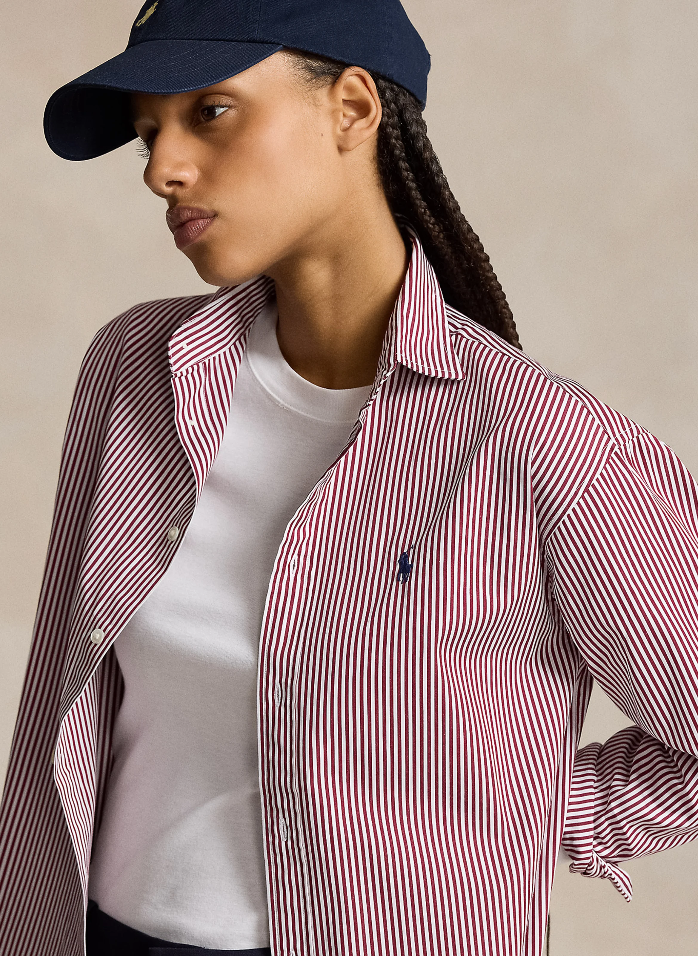 Chemise droite col polo en coton rayé | Rouge
