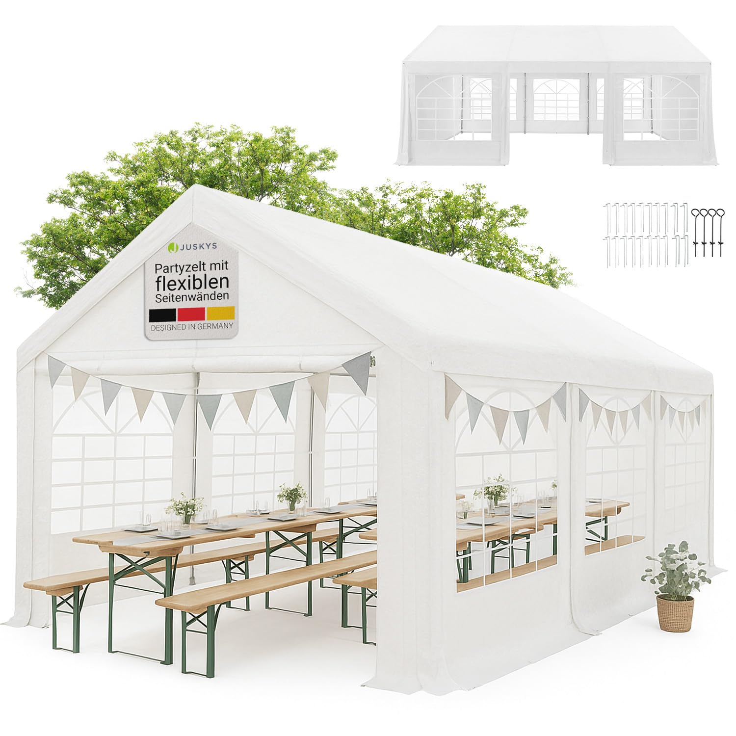 Juskys Partyzelt Gala 3 x 6 m - UV-Schutz Plane, Flexible Seitenwände - Pavillon stabil, groß - Outdoor Party Garten - Zelt Festzelt Weiß