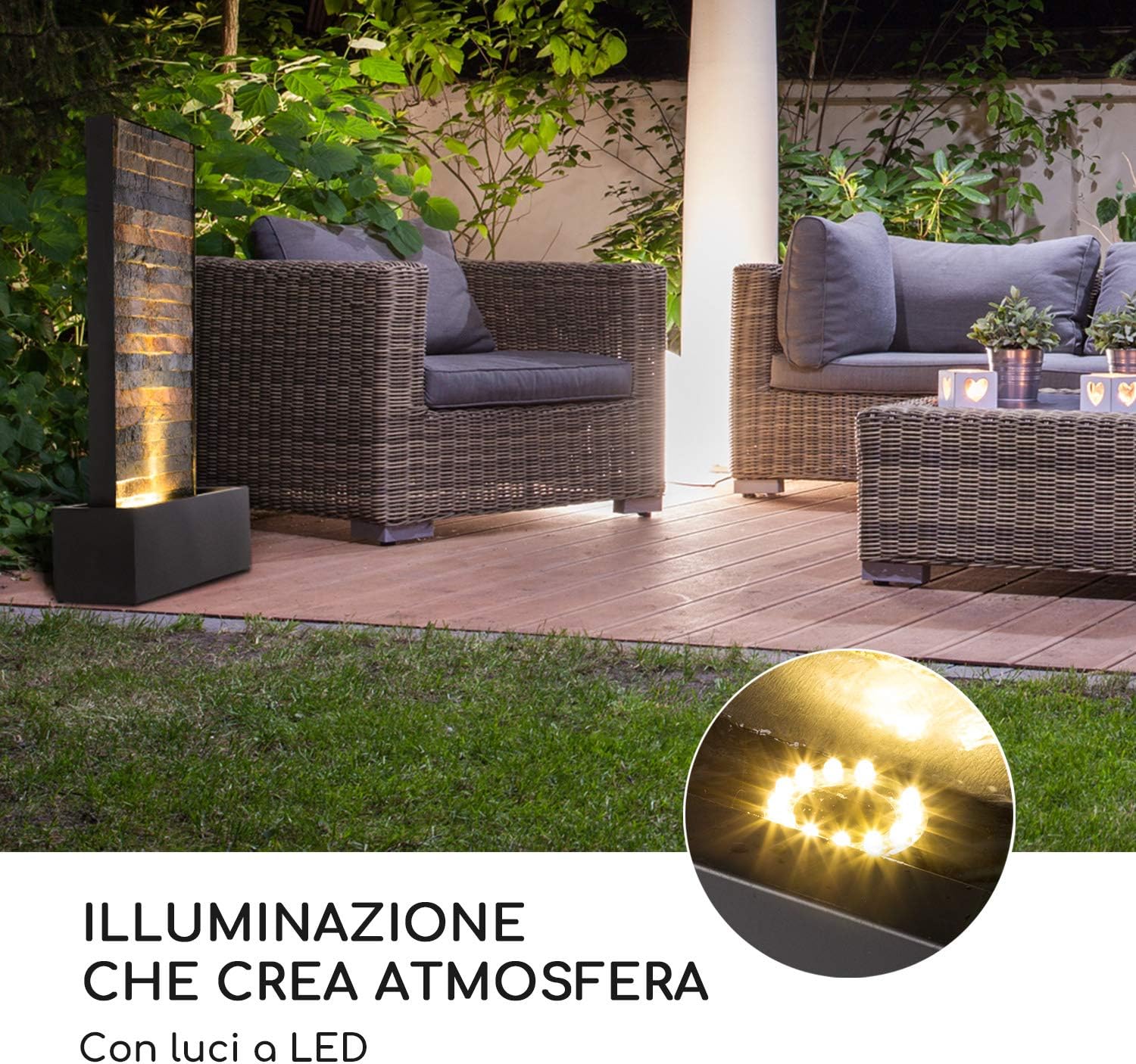 blumfeldt Raincastle Gartenbrunnen für drinnen und draußen Allround Edition - stetiger Wasserumlauf, extralanges 10 m Netzkabel, 12 LEDs, 8 W Pumpe, Schutzart: IPX8, 10 kg, Graphitgrau