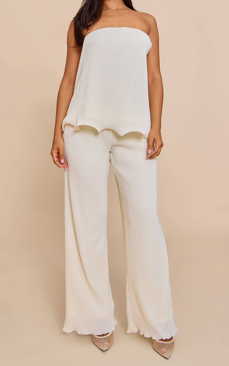 Crème Pantalon Large Plissé À Bord Volants Petite