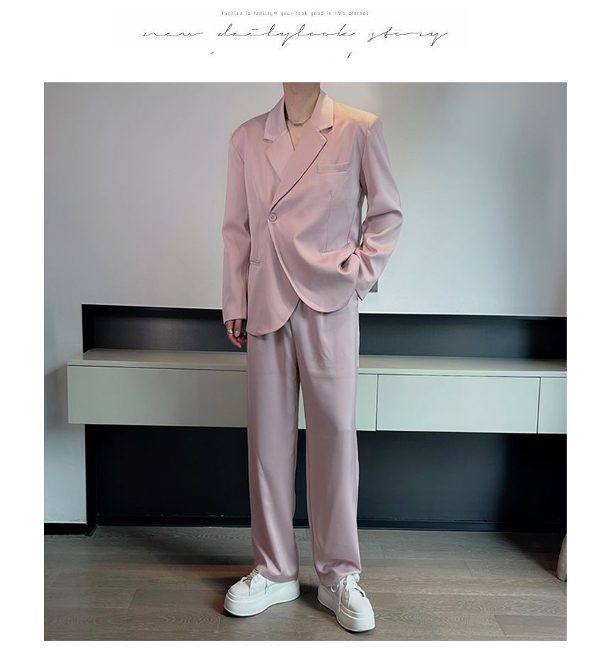 Drawouf - Set: Effen asymmetrische double-breasted blazer + losse broek met trekkoord in de taille