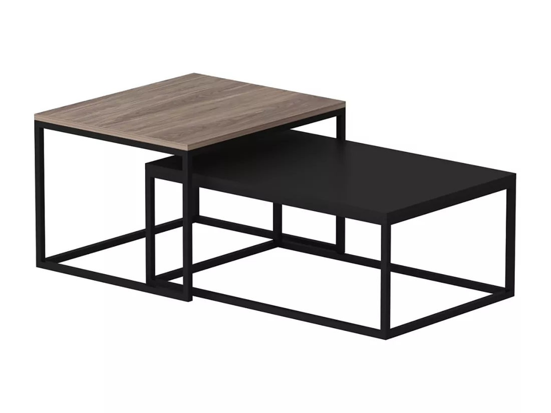 Set de 2 tables basses Aabenraa gigognes rectangulaires effet chêne / noir mat [en.casa]
