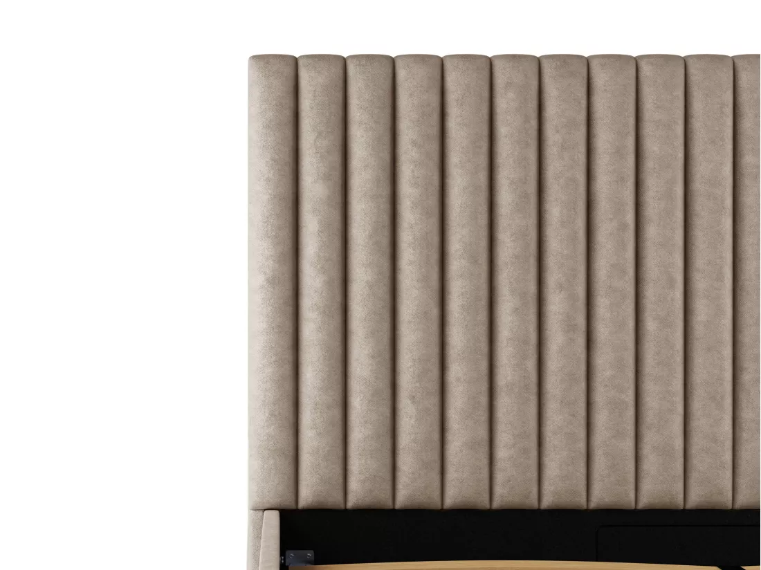 Lit coffre 140 x 190 cm avec tête de lit coutures verticales - Tissu - Taupe + Matelas - SARAH