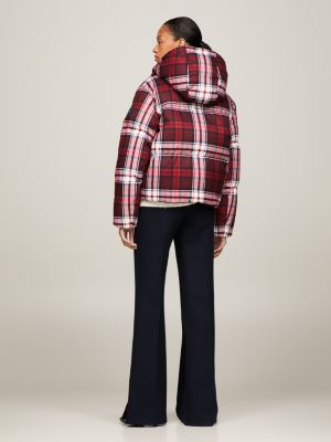 Jaqueta puffer New York com estampa xadrez tartan reciclada