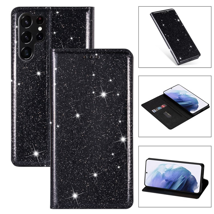 Samsung Galaxy S25 Flip Wallet Cover Leder Tasche Glitzer Optik - Schwarz