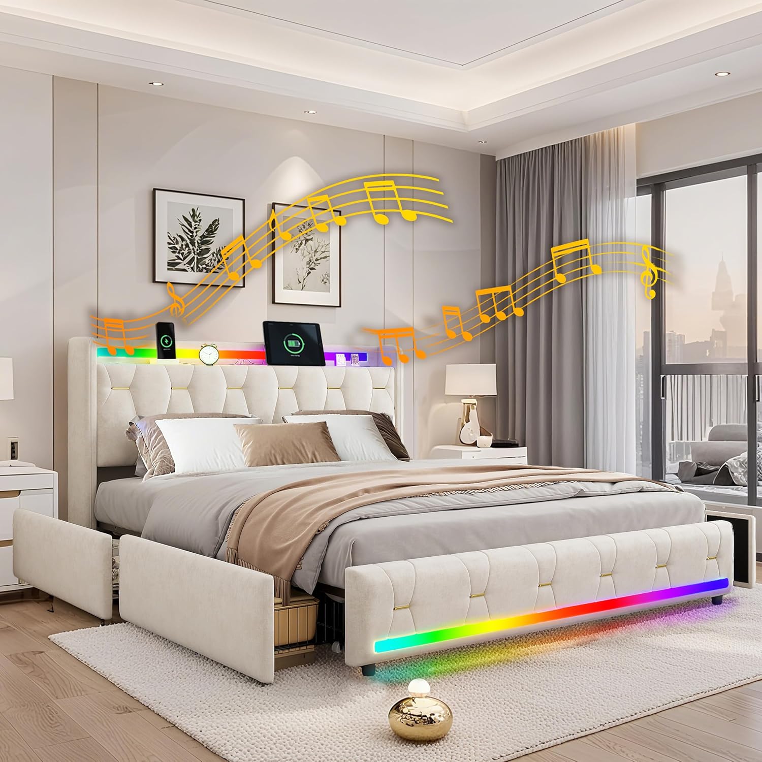 Bett 160x200cm, Samt Polsterbett mit Stauraum, Bluetooth-Lautsprecher, LED-Beleuchtung & USB/Type-C-Anschlüssen, Plattformbettgestell mit 4 Schubladen und Holzlatten, Beige