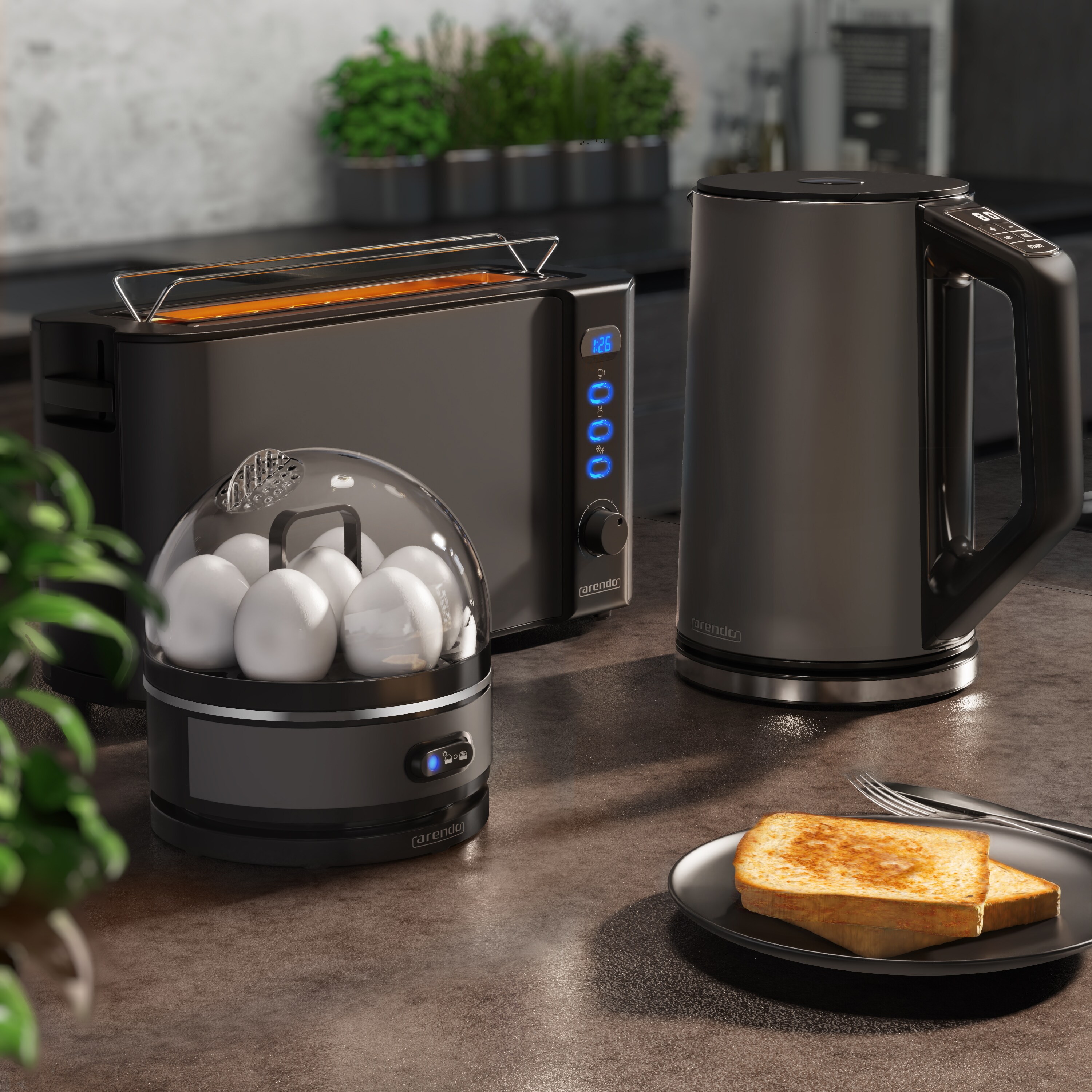 Arendo - Wasserkocher mit Toaster und Eierkocher SET Edelstahl Grau Wasserkocher 1,5L 40° - 100°C, Toaster 2 Scheiben LED-Display 6 Bräunungsgrade