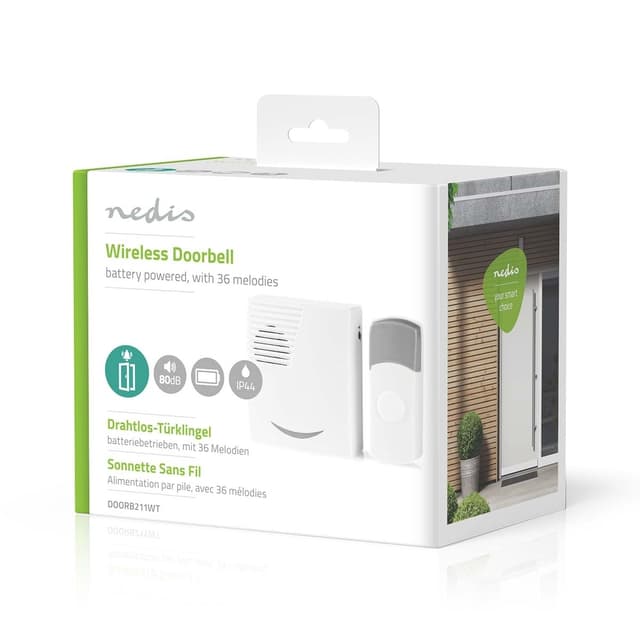 Nedis Trådløst Dørklokke Sæt | Batteri | 3 V DC | 1x CR2032 | Volume: 80 dB | Signalområde: 300 m | IP44 | 36 Melodier | 1 Modtager | Grå / Hvid