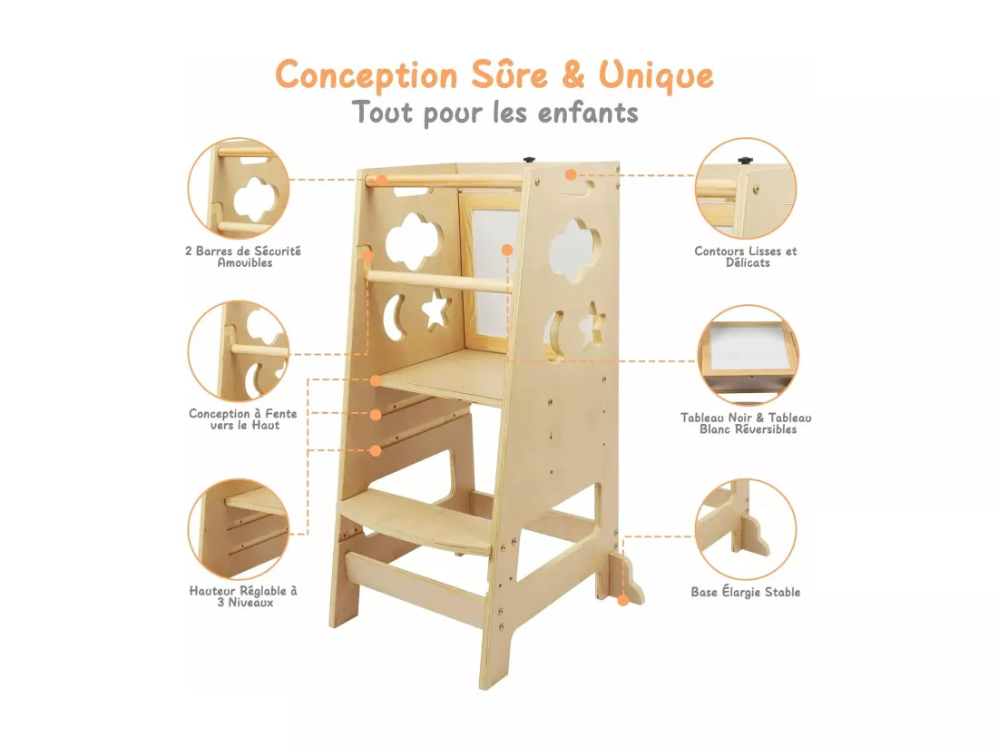 Tour d'apprentissage Enfant,Tour Bébé avec 2 Tableau Réinscriptible,Aide de Cuisine,3 Hauteurs Réglables Barres de sécurité Pieds Anti-Bascule Bois