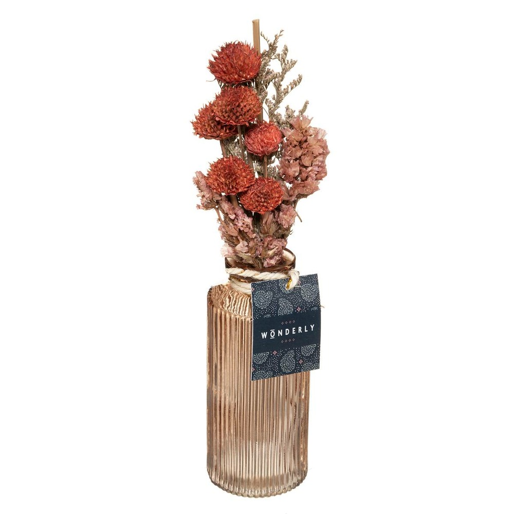 Composition de fleurs séchées vase en verre h 28 cm