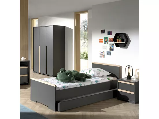 NASH DARK - Chambre 90x200cm + Armoire 3 Portes