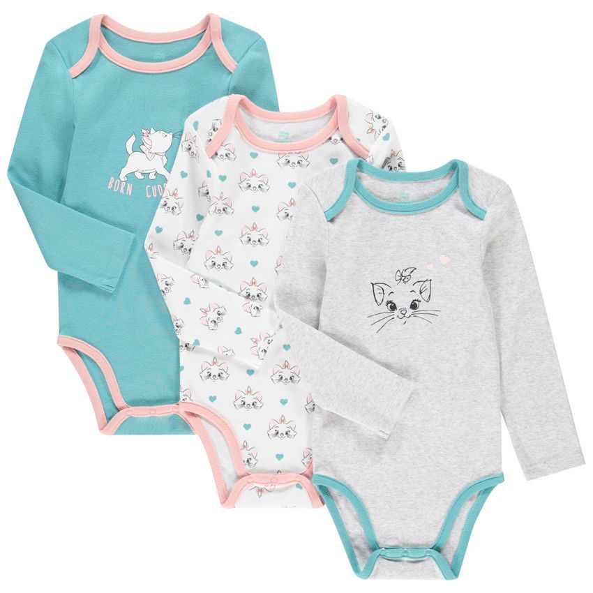 Lot de 3 bodies en coton bio motif Marie des Aristochats Disney - Gris chiné