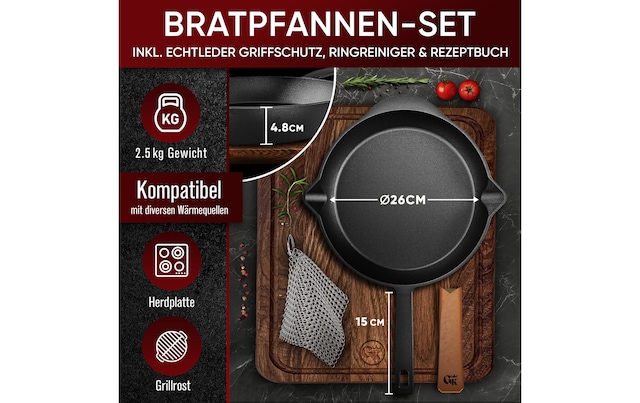 Bratpfanne »Gusskoenig mit Echtleder Griffschutz und Edelstahl Ringreiniger« Gusseisen