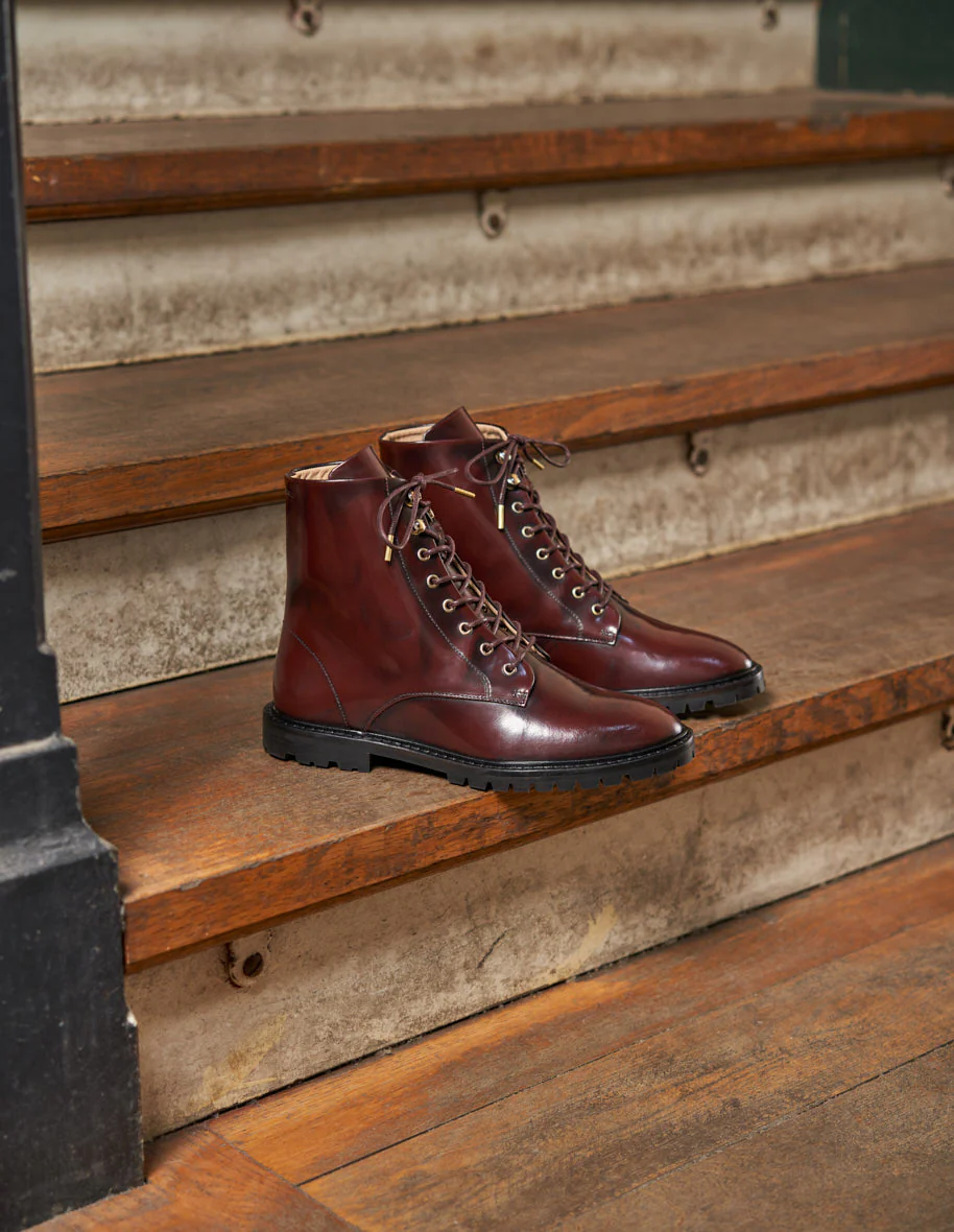 Bottines à lacets Alix - Cuir box bordeaux