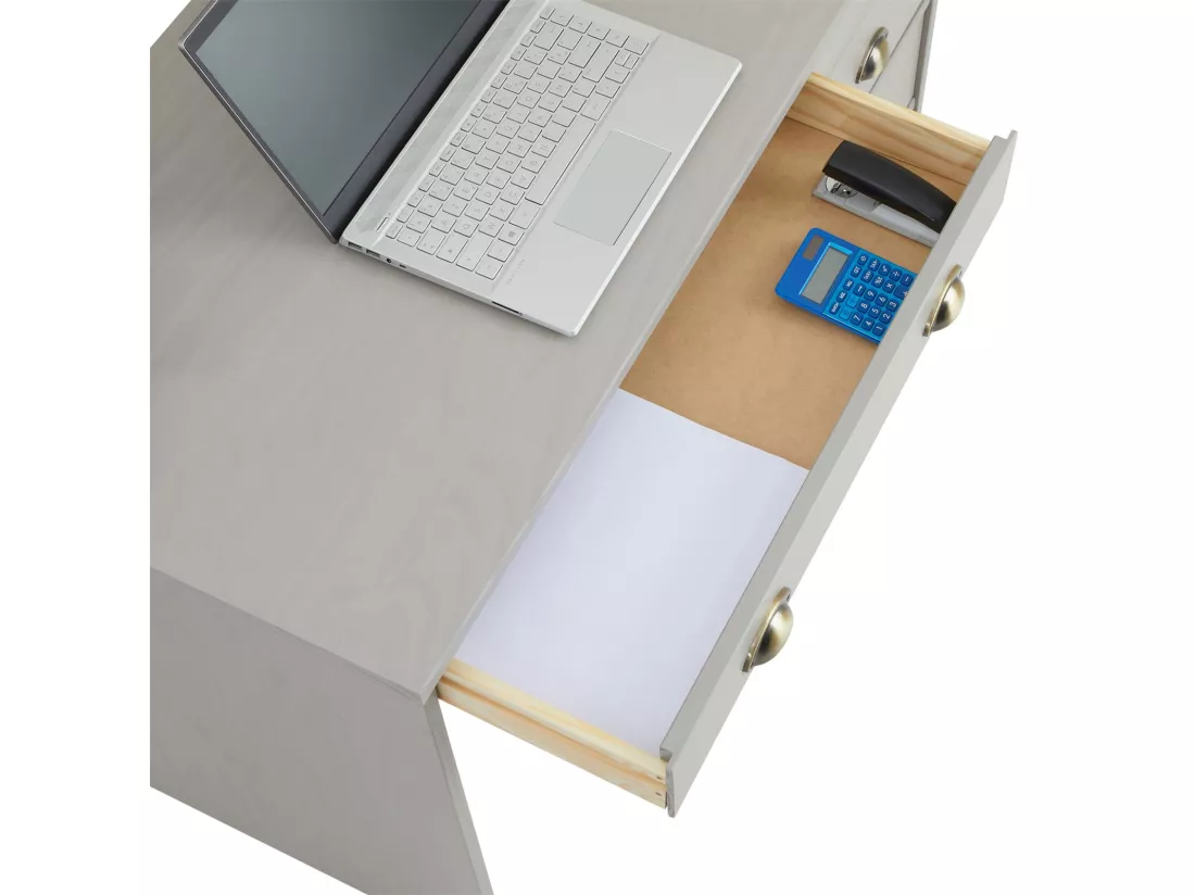 Bureau LANA avec rangement 5 tiroirs et poignées en forme de coquille, en pin massif lasuré gris