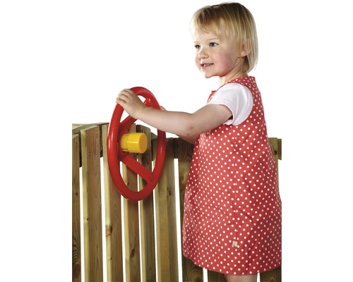 Speeltoren Plum voor peuters met babyschommel, brievenbus, stuur, bril en glijbaan, geel