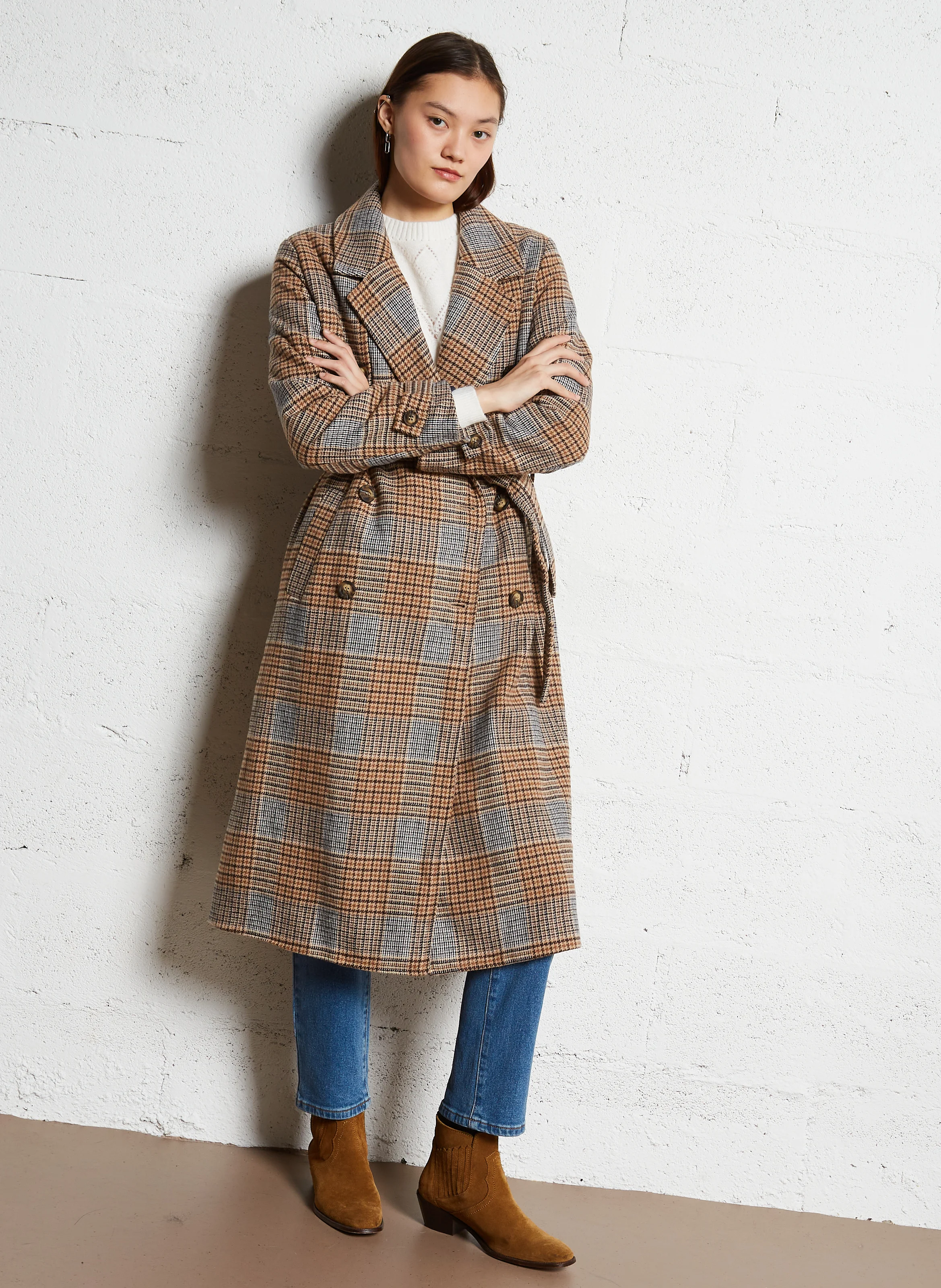 NILAN - Manteau col tailleur à carreaux | Marron