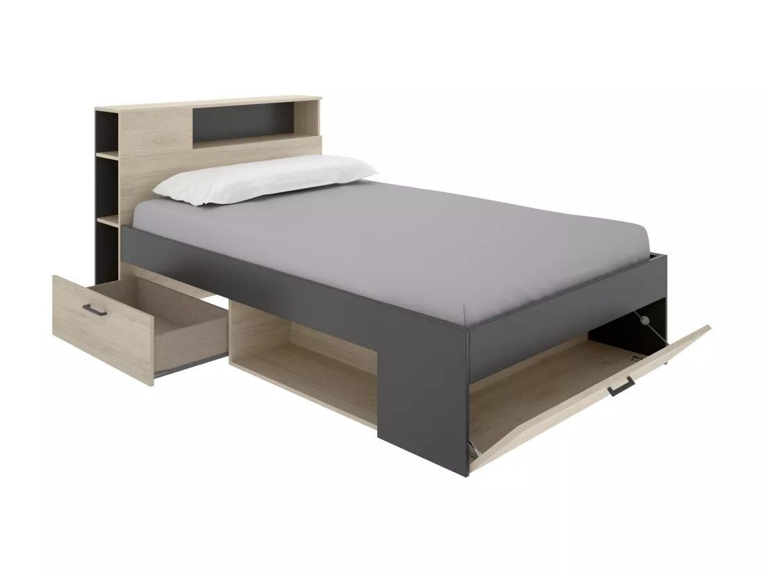 Lit avec tête de lit rangements et tiroirs - 120 x 190cm - Coloris : Naturel et anthracite - LEANDRE