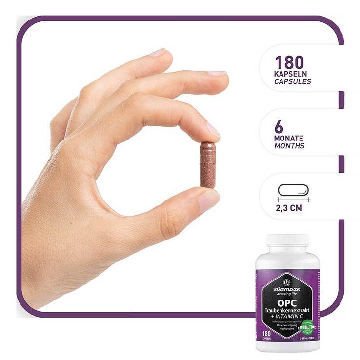 OPC Traubenkernextrakt hochdosiert + Vitamin C Kapseln, 180 St