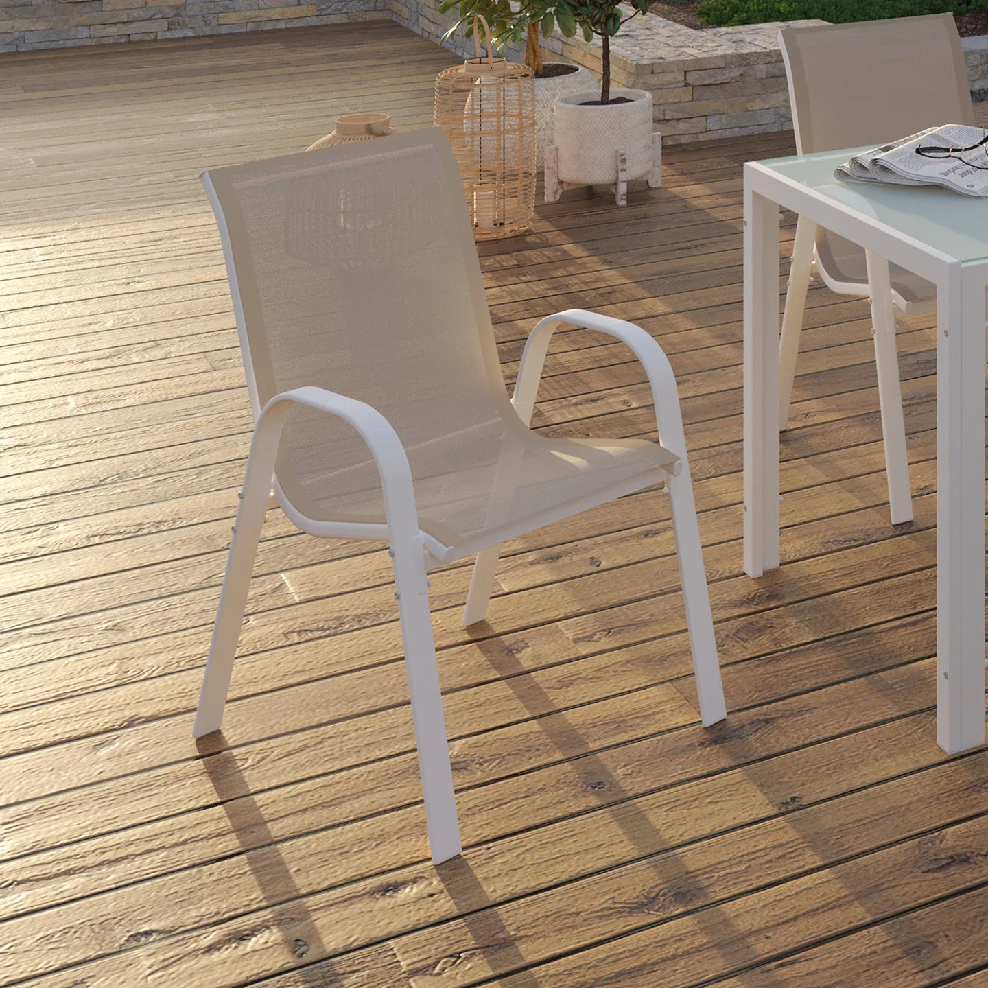 Lot de 6 chaises de jardin LYMA métal et textilène empilables blanc et beige