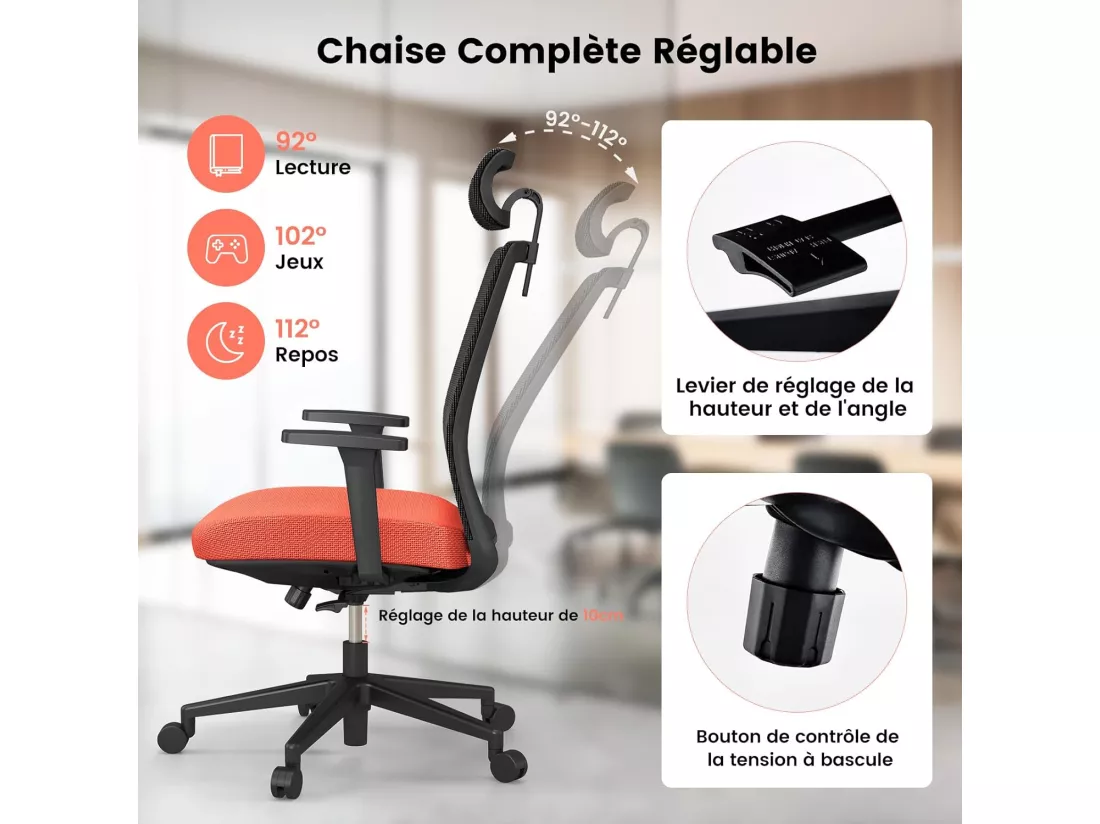 Chaise de Bureau Ergonomique, Réglable en Hauteur, Dossier Respirant, Soutien Lombaire, Appui-Tête 3D Confortable, pour Bureau, Étude, Salle de Conférence