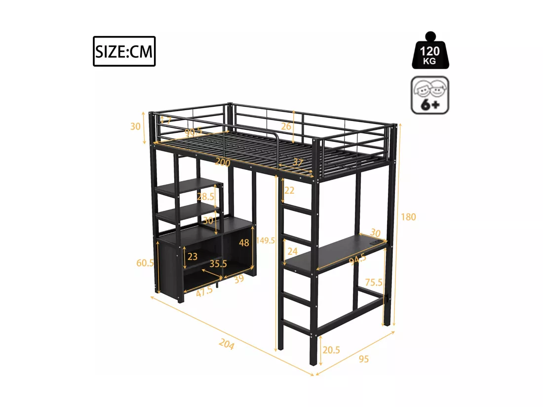 Lit mezzanine 90x200cm en métal - avec bureau + prises USB + barrières - Noir