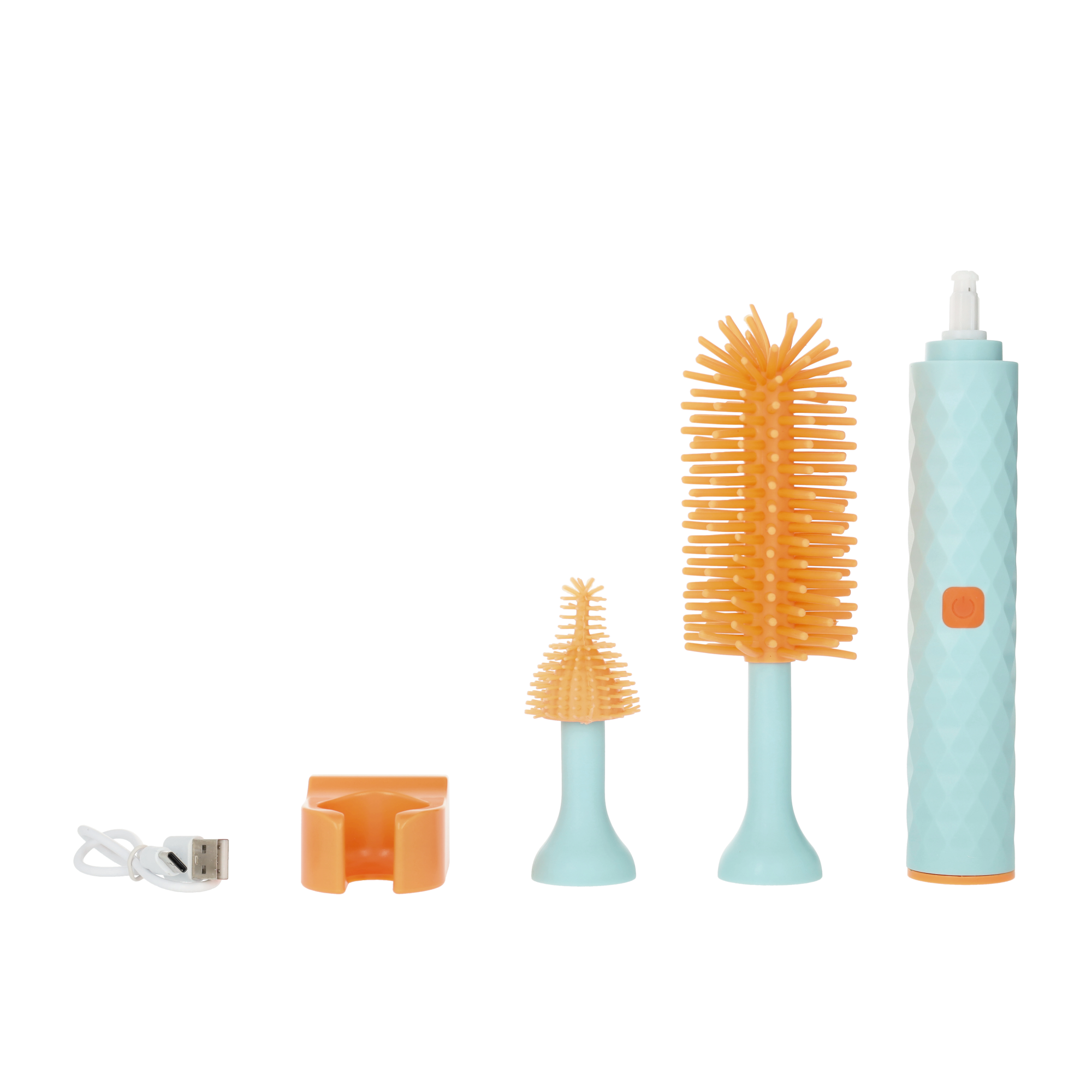 (6-tlg. Set) Elektrische Silikon Baby Flaschenbürste USB Fläschchen Reiniger IP65 inkl. Aufsätze   Greifzange  - Blau / Orange