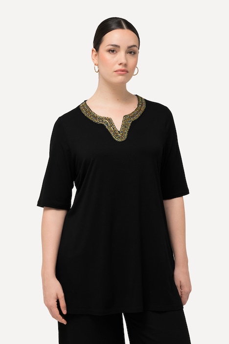 Shirt-Tunika, Stickerei, Tunika-Ausschnitt, Halbarm