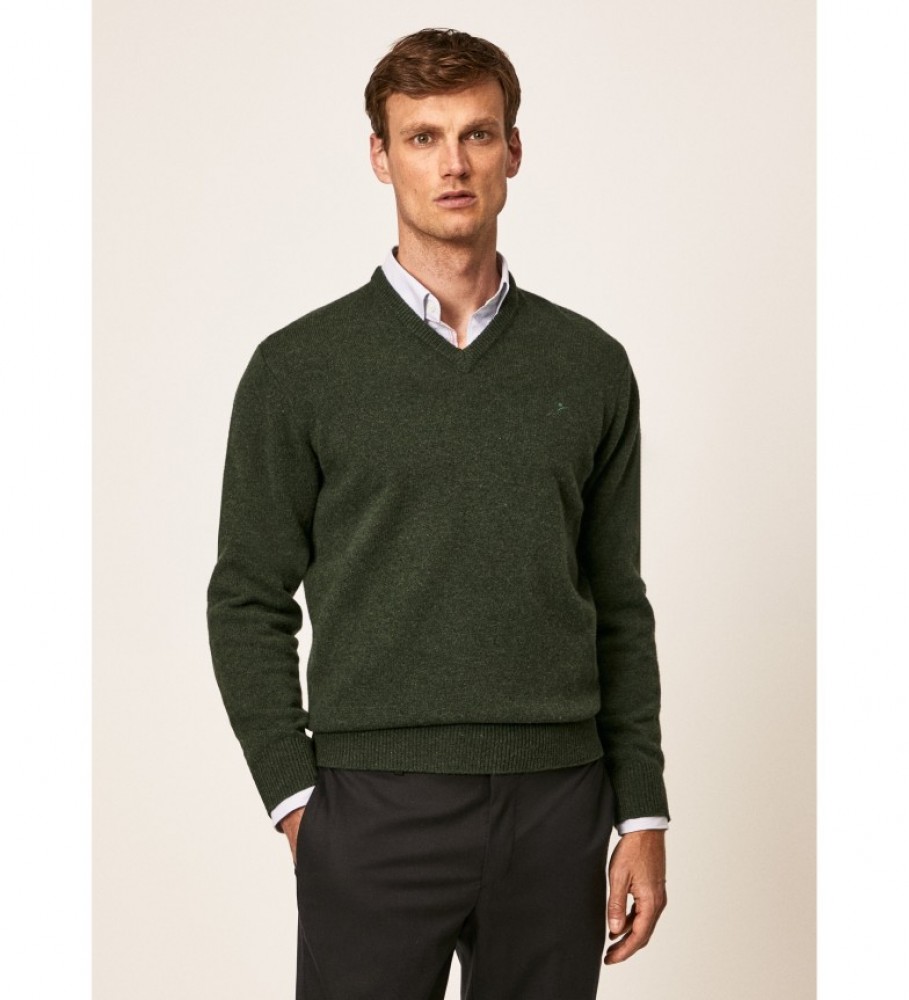 Camisa Hackett Jersey de lã de cordeiro com decote em V cáqui
