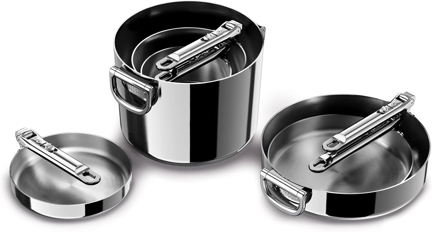 Joseph Joseph Space Steel 6-teiliges Edelstahl-Kochgeschirr-Set mit klappbaren Griffen