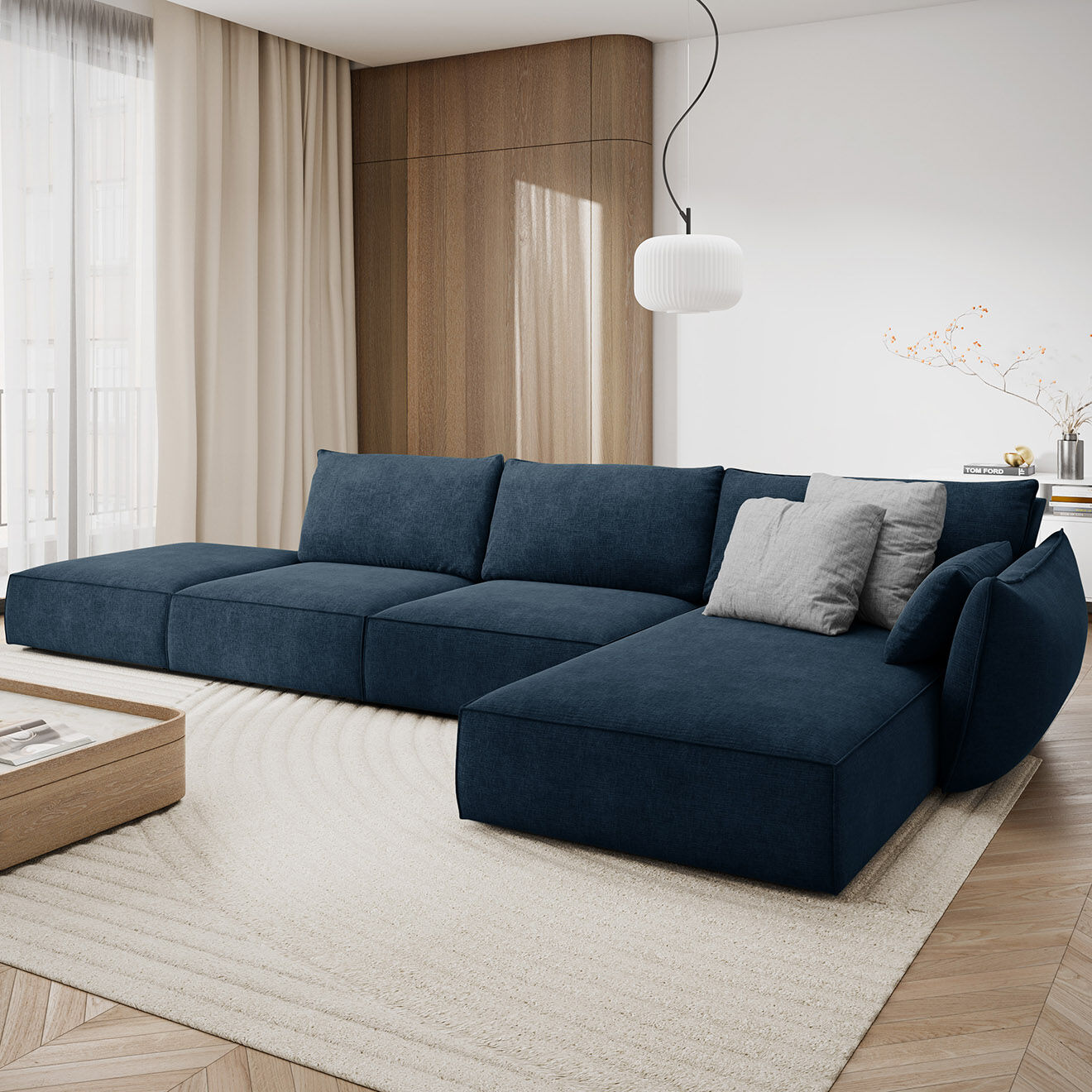 Mazzini Sofas Canapé D'Angle Droit Vanda 5 Places 1 bleu roi - 386x166x85 cm