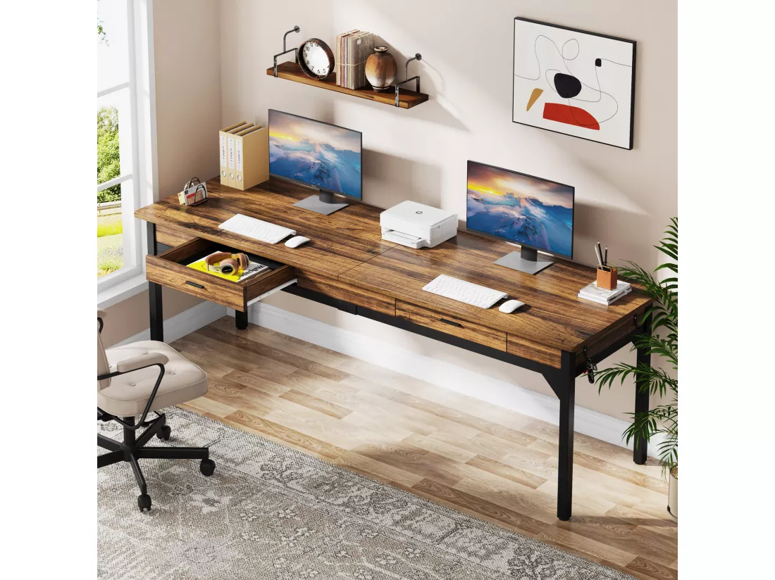 Bureau Informatique, Table d’étude, Double Bureau Long avec 2 Schubladen, 200 x 60 x 82 cm, Marron Rustique