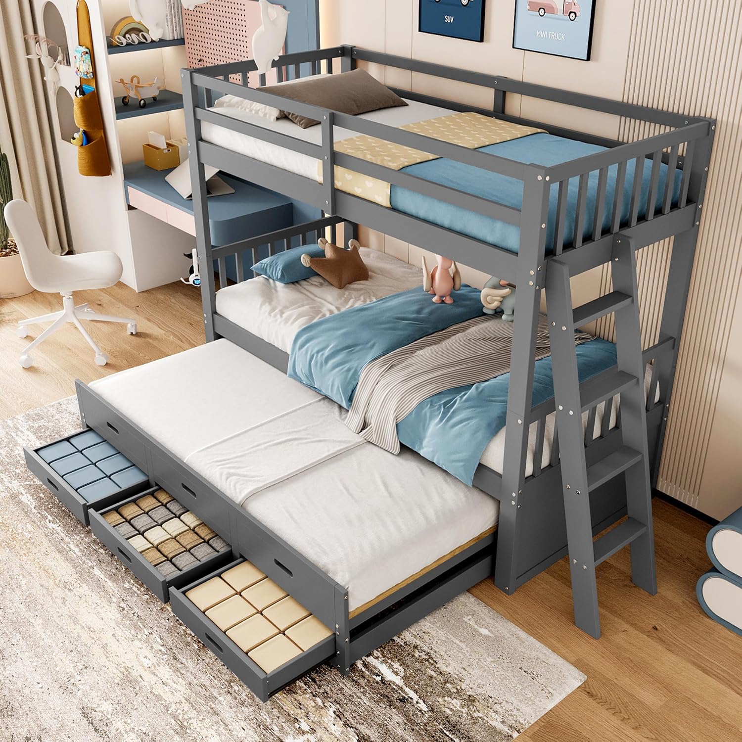 Etagenbett 90x200cm, Kinderbett, Hausbett für Mädchen und Jungen, Bettgestell aus Kiefer und MDF mit Leitertt mit ausziehbett und 3 Schubladen (Grau, 90cm×200cm)