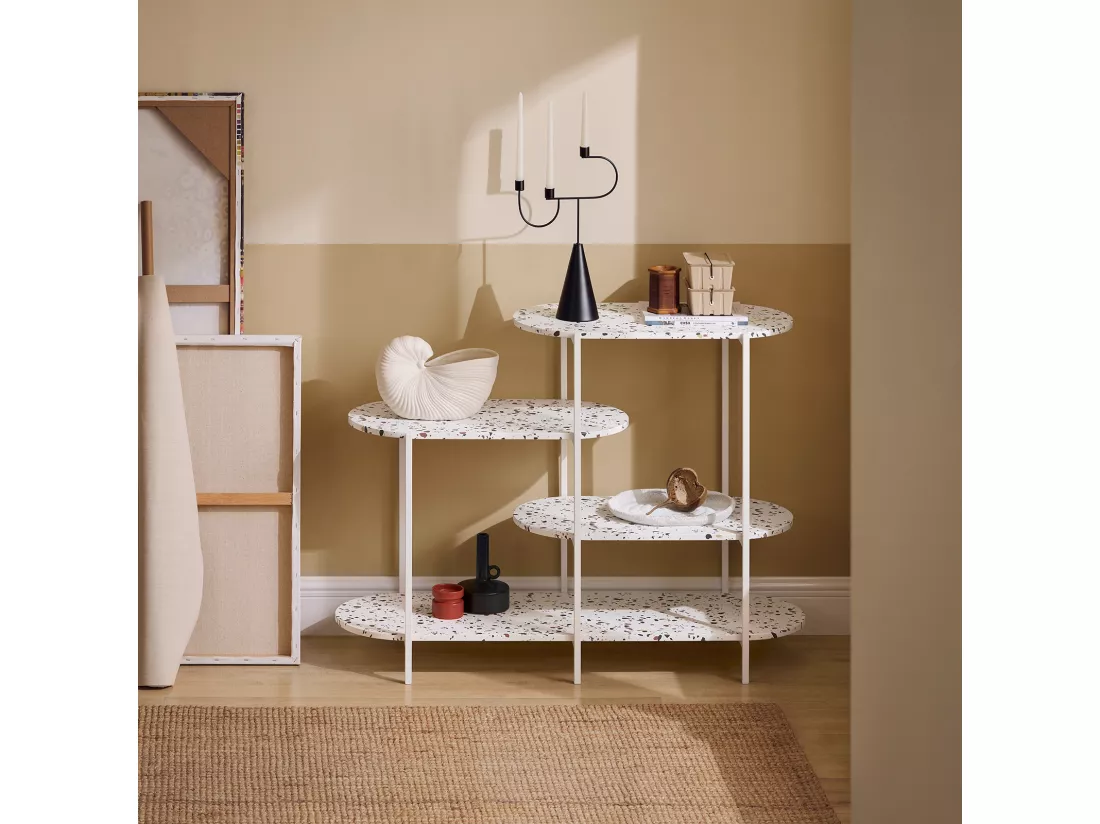 SoBuy Table Console, Table d'Appoint, Table d’Entrée, Étagère de Rangement, Étagère Asymétrique à 4 Niveaux, Cadre en Métal, pour Entrée, Salon, Chambre, 120x40x86 cm, Blanc, FSB89-W