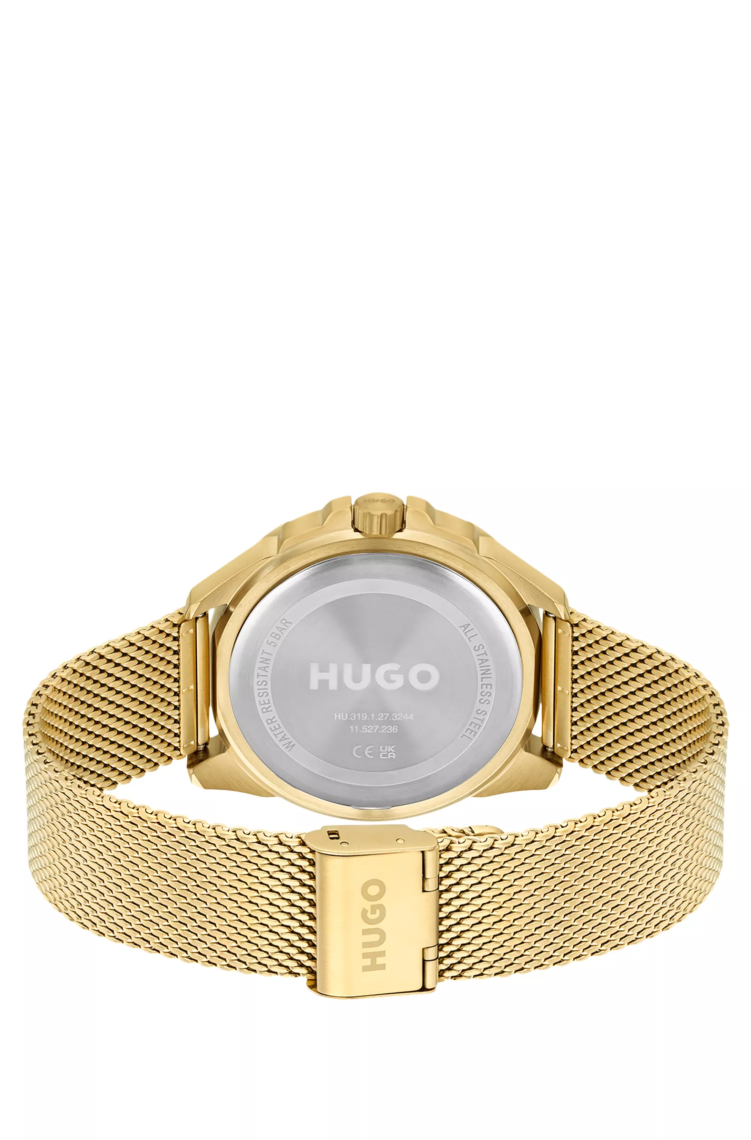 Relógio HUGO em tons de vermelho e dourado com pulseira de malha.
