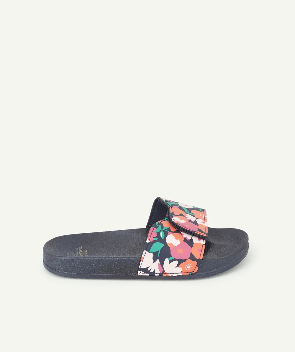 CLAQUETTES BLEU MARINE À BANDES FLEURIES COLORÉES FILLE