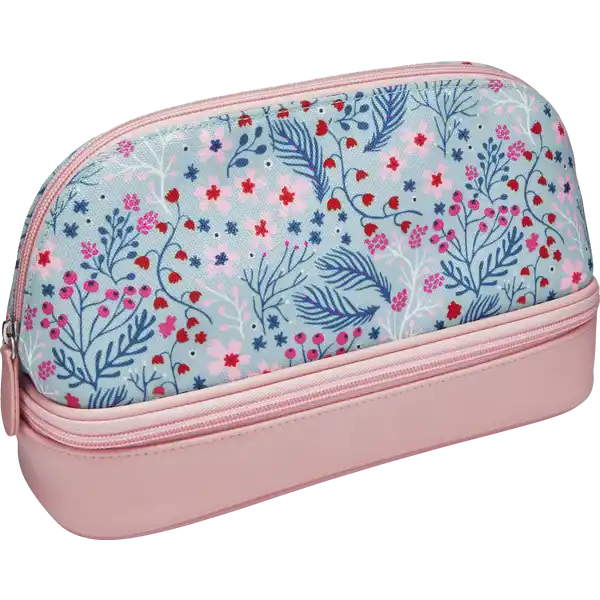 Schminktasche hellblau / rosa mit Pinselfach