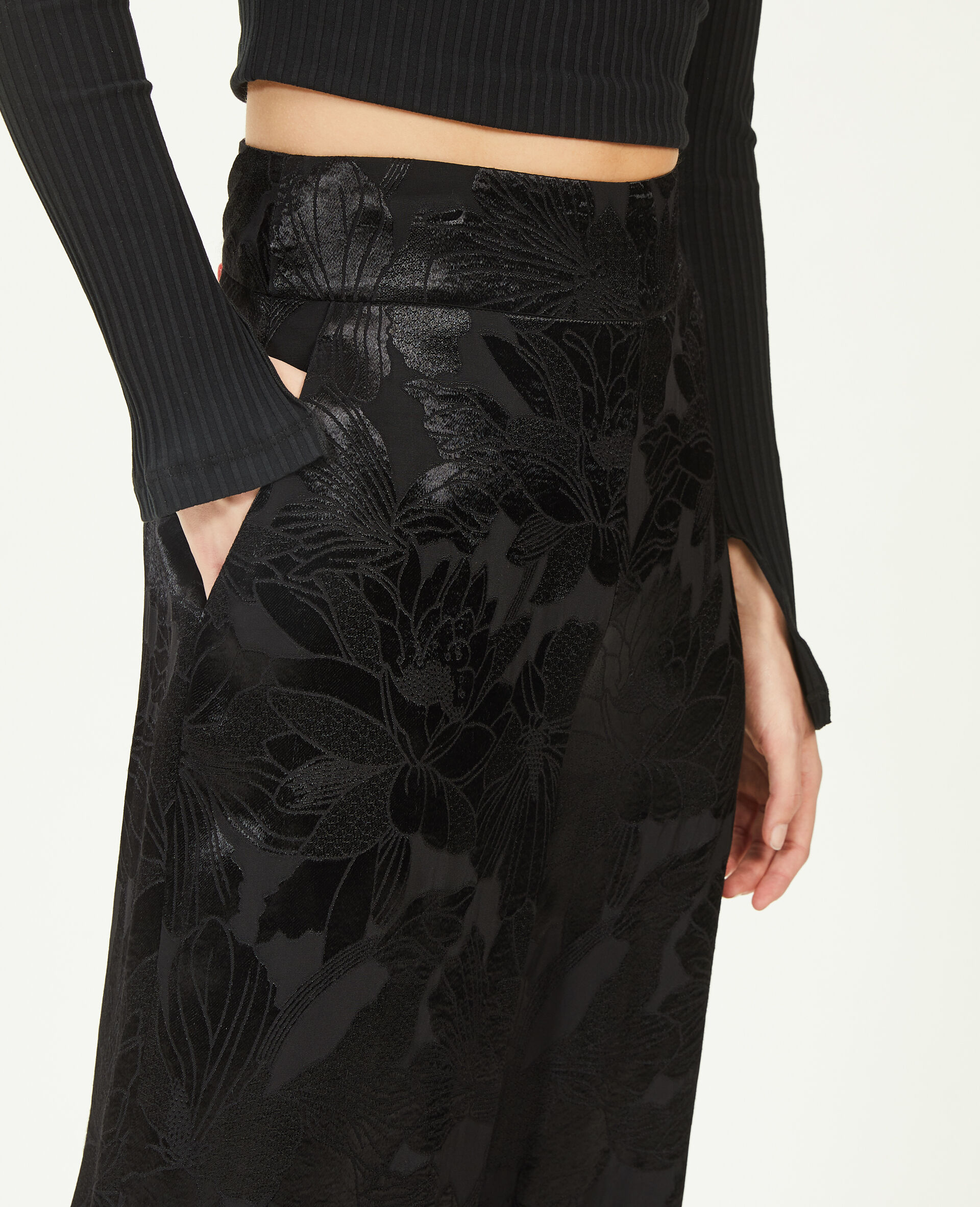 Pantalon large tissu satiné jacquard - Noir