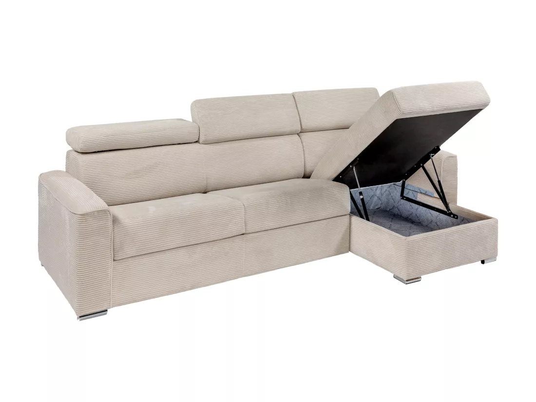 Canapé d'angle réversible convertible express en velours côtelé beige - Couchage à lattes larges 160 cm - Matelas 18 cm - VIZIR