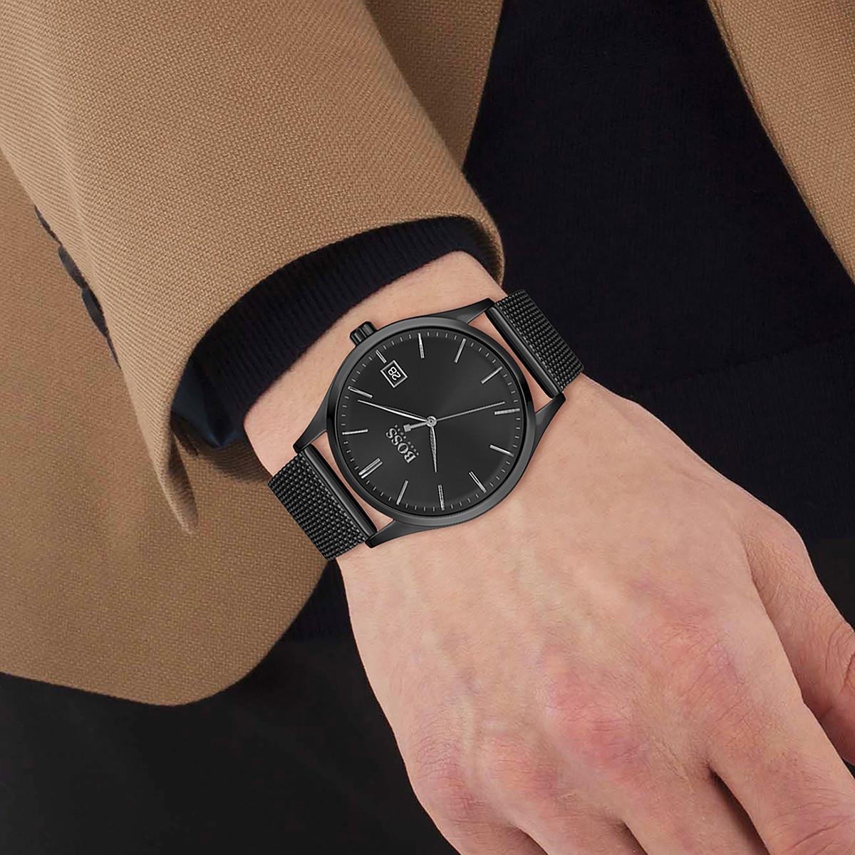 Montre Boss homme acier noir maille milanaise