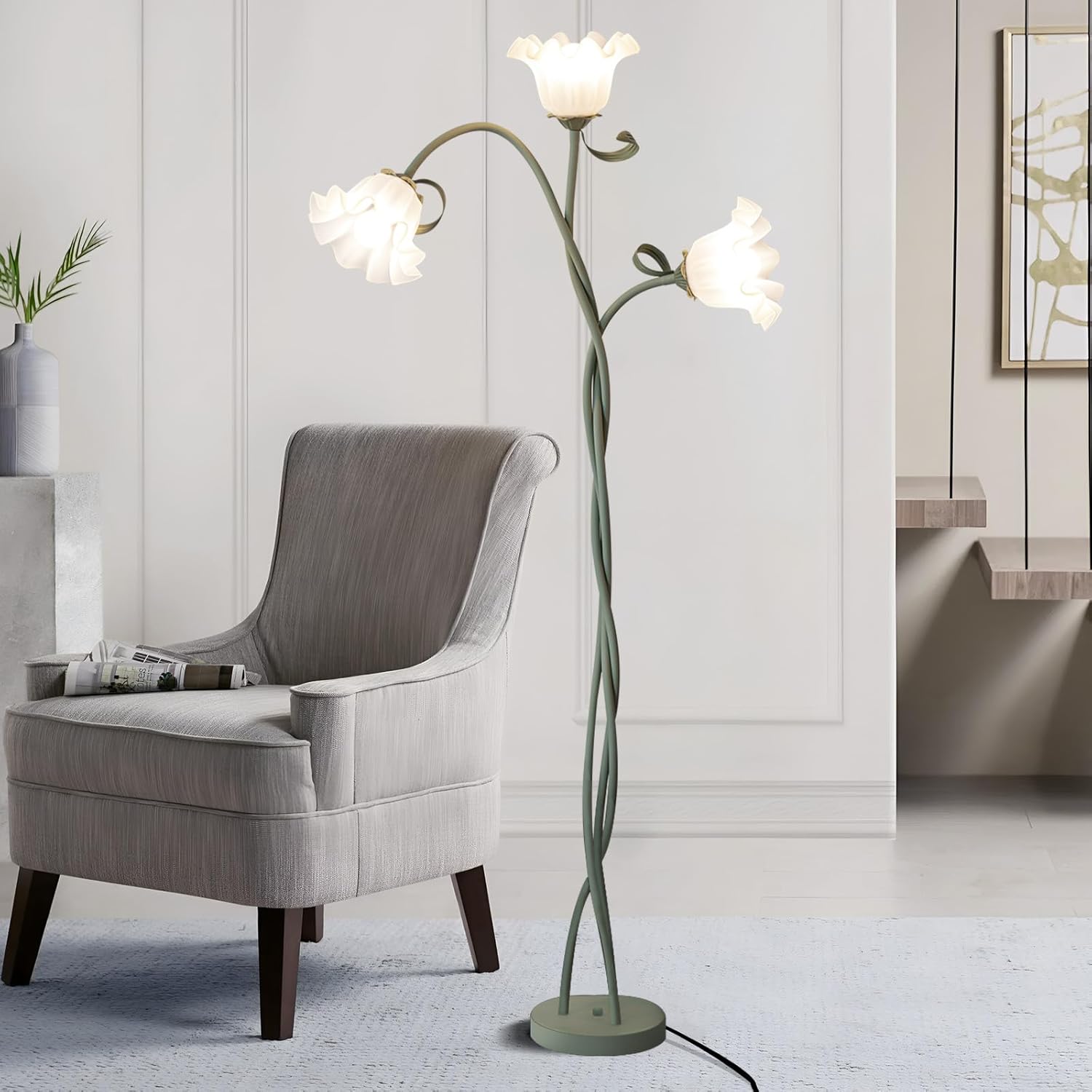 Blumen Stehlampe Wohnzimmer,Schwanenhals DIY Bogenlampe Standleuchte mit 3-Köpfe Rose,Flexibel Stehlampe Dimmbar Leselampe Studie,Modern Standing Floor Lamp für Schlafzimmer,BüRo,170Cm,Grün